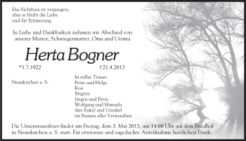 Traueranzeige von Herta Bogner von Pegnitz-Zeitung